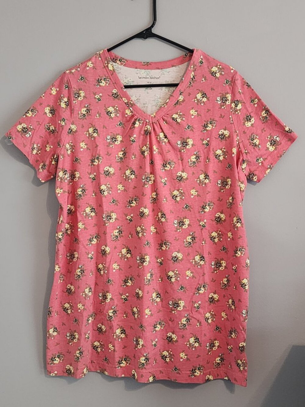 Woman Within Perfect Printed Short-Sleeve Shirred V-Neck Tunic, Medium